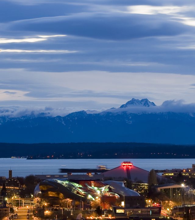 seattle center as night falls
